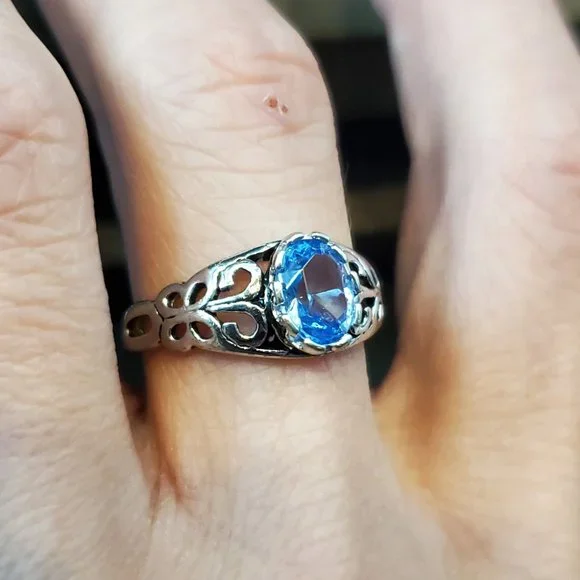 Size 9.25 925 Sterling Silver Blue Paste Gemstone Fancy Ring - Picture 3 of 7